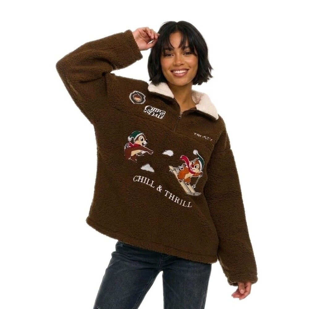 Disney Chip N Dale Rescue Rangers Embroidered Soft Sherpa 1/4 Zip Brown Relaxed